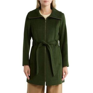 Michael Kors Womens Green Full Zip Belted Wool Blend Mid Length Coat Sz XL New